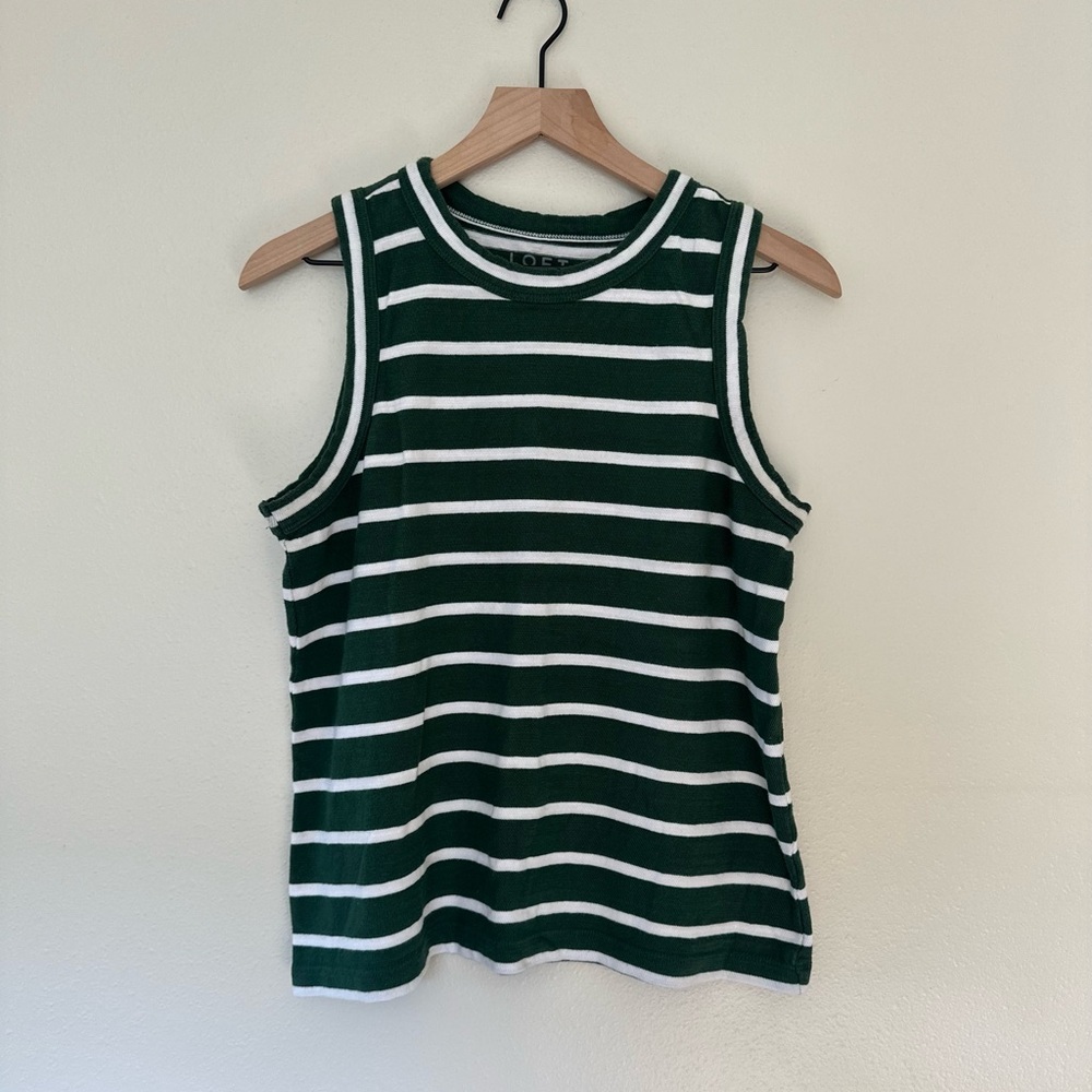 LOFT Dark Green and White Striped Sleeveless Tank